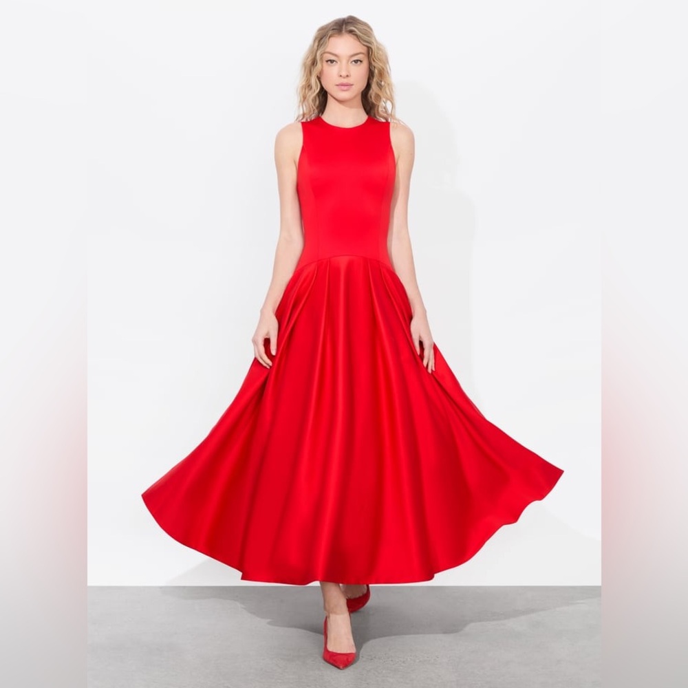 Alice + Olivia Adley Drop Waist Midi Dress Red - Picture 3 of 9
